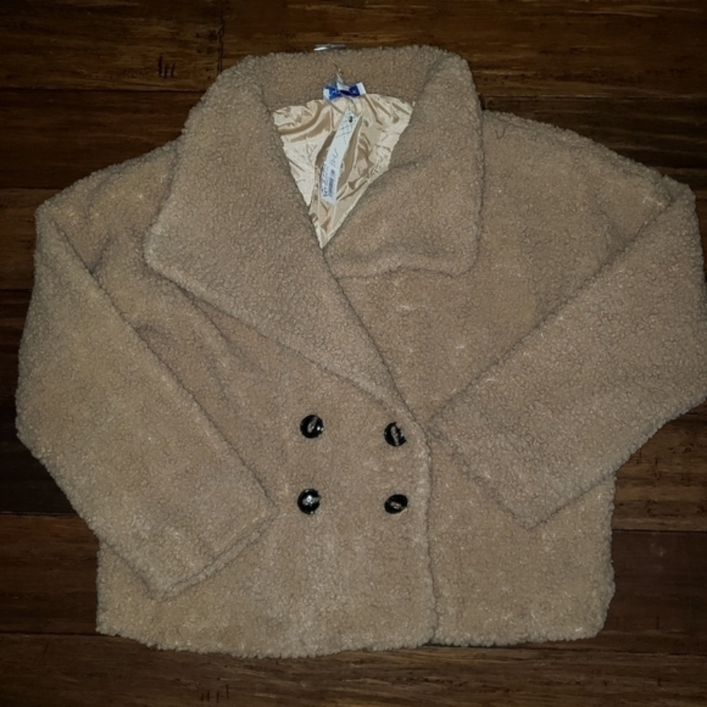 NWT She + Sky oversized faux sheep pea coat double breasted camel jacket sweater
